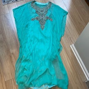 BEBE Teal Beaded Boho Dress w/ Slip Dress